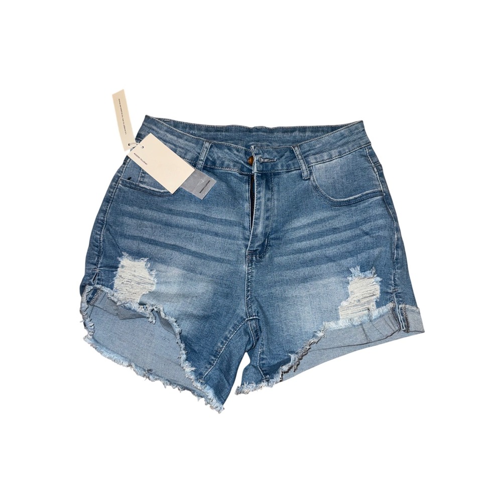 Roswear Women Distressed Denim Shorts Medium Wash Frayed Raw Hem Size M NWT